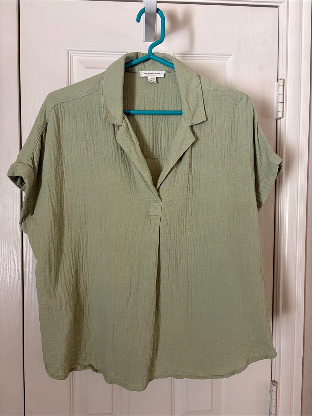 Lightweight Sage Green v neck Crinkle Shirt - Relaxed Fit